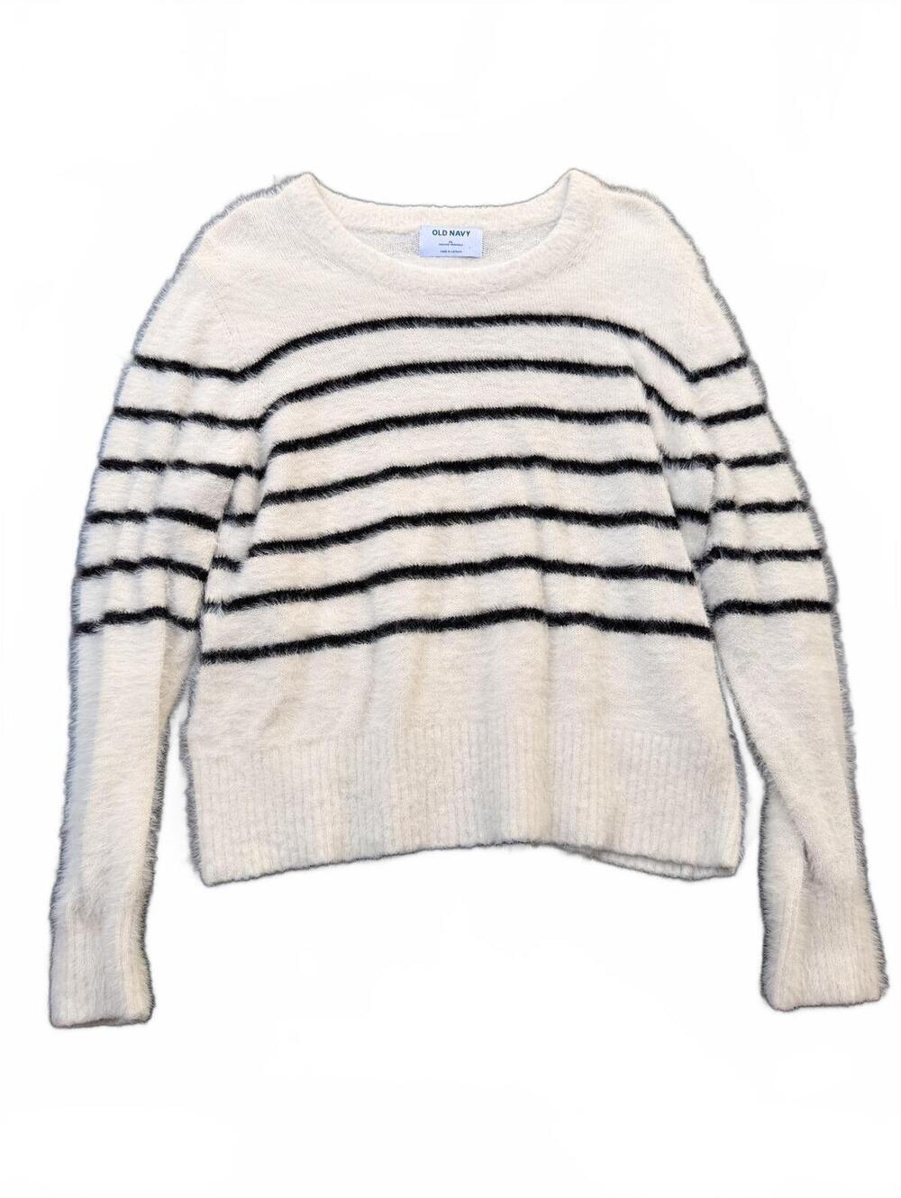 Old Navy White Fuzzy Sweater with Black Stripes, Size XL, Casual Lightweight